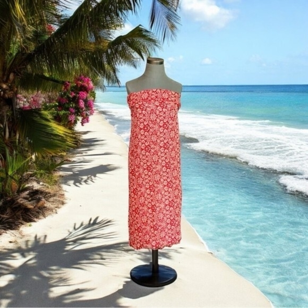Tropical Floral Fringe Sarong Red Tan Rayon Beach Cover Up Wrap One Size